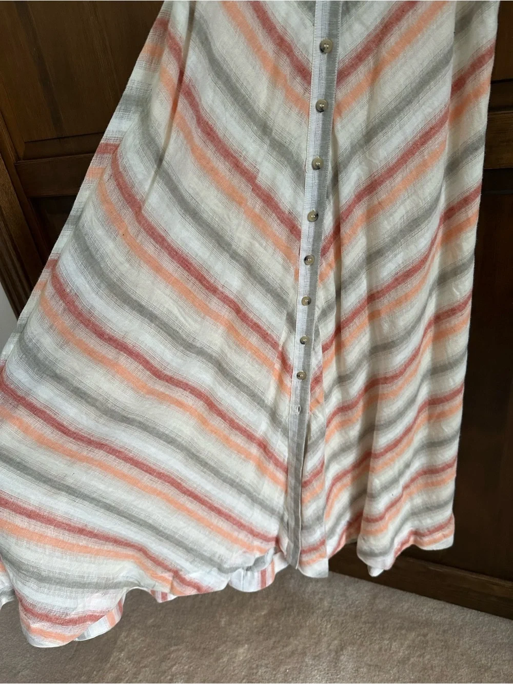 Free People Striped Button-Front Midi  Sundress in Cream, Coral, and Gray